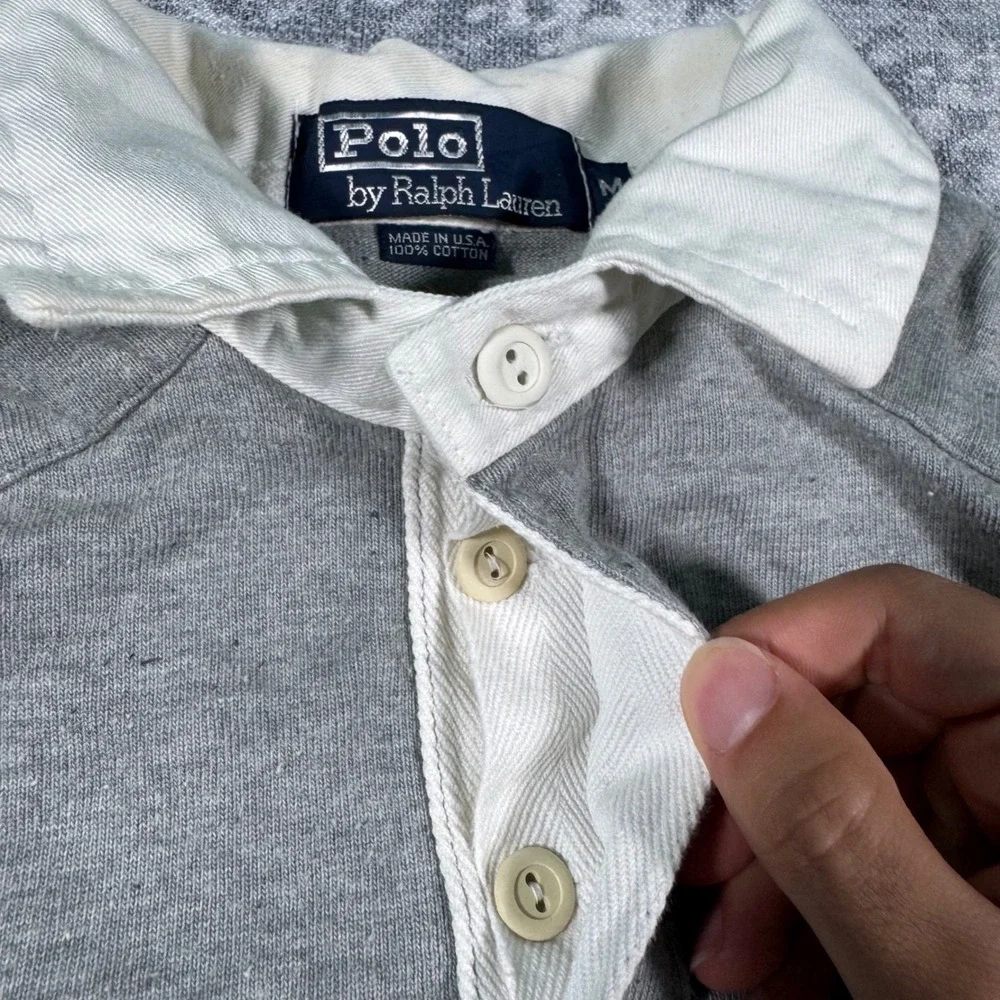 Polo Ralph Lauren Rugby Shirt Mens Medium Gray Vintage Elbow Patches USA Made